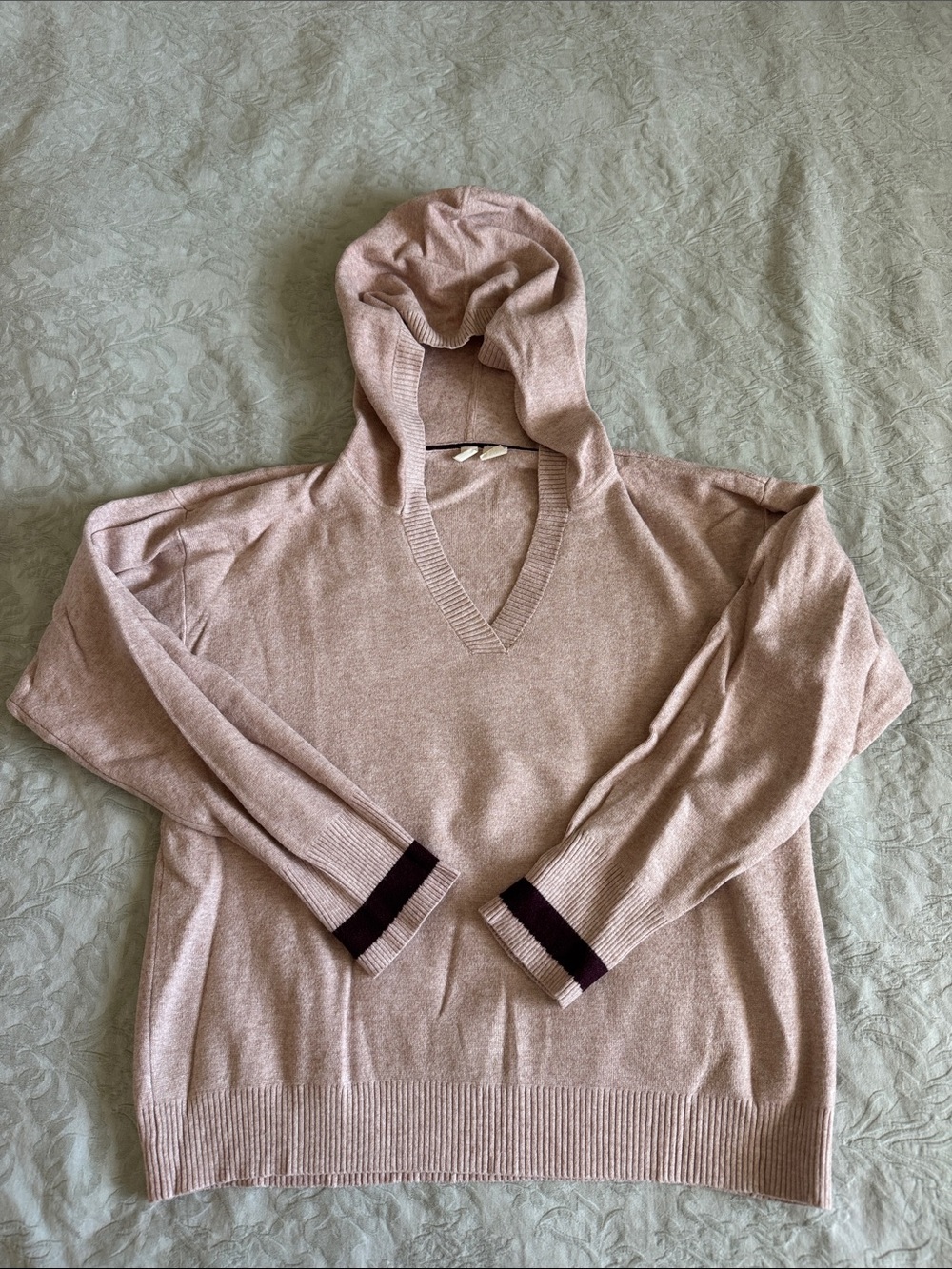 Moth Dusty Pink V-Neck Hooded Sweater with Dark Cuff Stripes